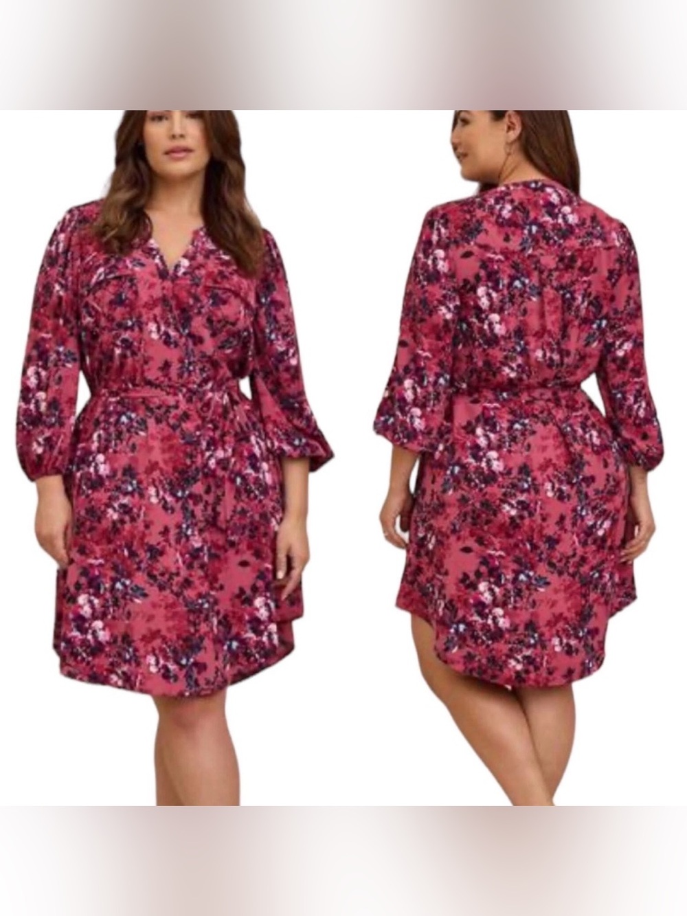 Torrid Mini  Crepe Chine Floral Shirt Dress  Size 1 X Plus Pink Mauve Tie Floral